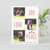 Joy Liebe Peace red, white Christmas photo card Einladung (Stehend Vorderseite)