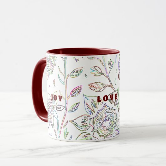 Joy Liebe Peace Zwei-Töne Maroon Tasse (Vorderseite Links)