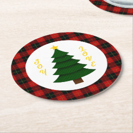Joy-Love-Custom Karo-Weihnachtsbaum Runder Pappuntersetzer