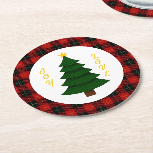 Joy-Love-Custom Karo-Weihnachtsbaum Runder Pappuntersetzer (Angewinkelt)
