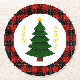 Joy-Love-Custom Karo-Weihnachtsbaum Runder Pappuntersetzer