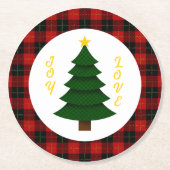 Joy-Love-Custom Plaid Christmas Tree Runder Pappuntersetzer (Vorderseite)