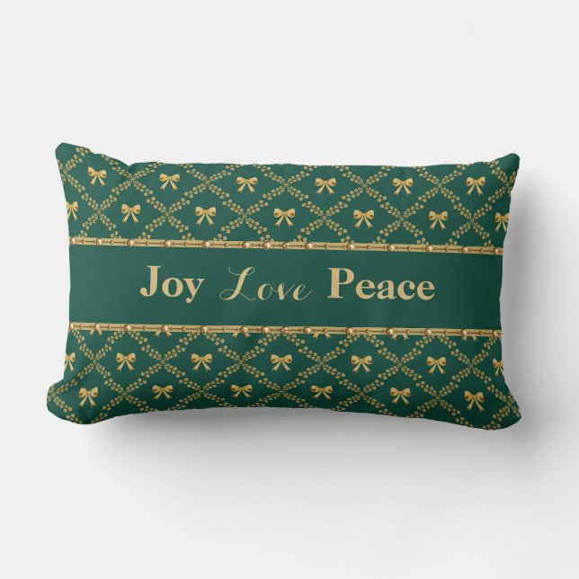 Joy Love Peace: Green & Gold Bow Throw Pillow Lendenkissen (Vorderseite)