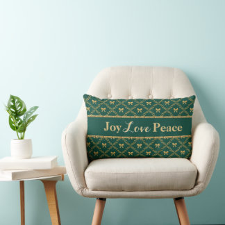 Joy Love Peace: Green & Gold Bow Throw Pillow Lendenkissen