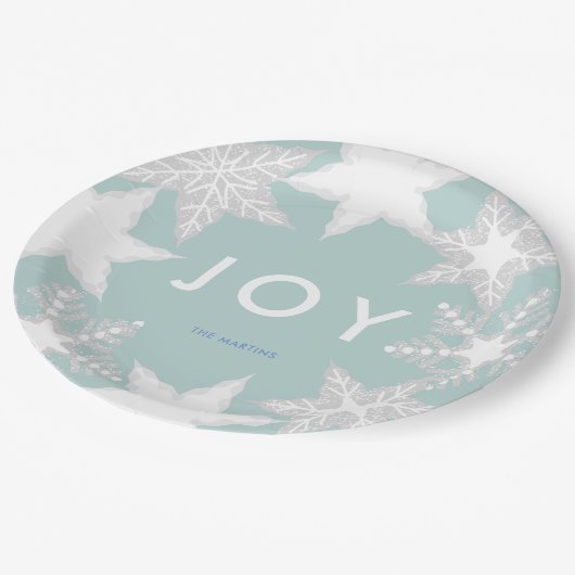 JOY Mattiert Snowflakes Blue Pappteller (Schrägansicht)