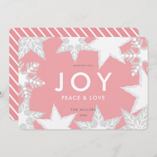 JOY Mattiert Snowflakes Pink Weihnachtskarte Einladung (Vorne/Hinten)