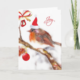 joy merry christmas cute bird red hat stocking feiertagskarte