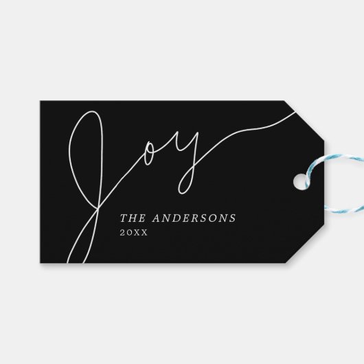 Joy Modern Black and White Hand Letter Script Geschenkanhänger (Vorderseite (Horizontal))