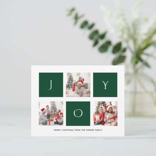JOY Modern Green Fun Script Foto Collage Simple H Postkarte (Stehend Vorderseite)