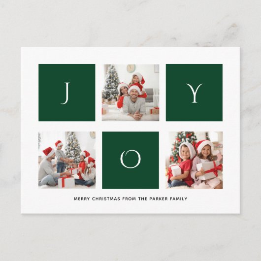 JOY Modern Green Fun Script Foto Collage Simple H Postkarte (Vorderseite)