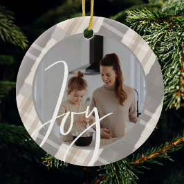 Joy | Modern Grey & Beige Watercolor Plaid Photo Keramik Ornament