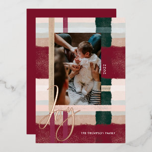 Joy   Modernes Kariertes Green & Red Watercolor Fo Folien Feiertagskarte