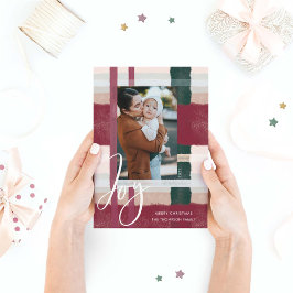 Joy | Modernes Maroon & Green Watercolor Kariertes Feiertagskarte