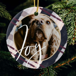 Joy | Modernes Navy & Lila Watercolor Kariertes Fo Keramik Ornament