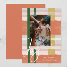 Joy | Modernes Peach & Green Wcolor Kariertes Foto Feiertagskarte