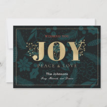 JOY Navy Blue Holiday Floral Pine Christmas Card