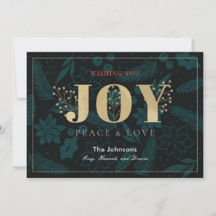JOY Navy Blue Holiday Floral Pine Christmas Card Feiertagskarte