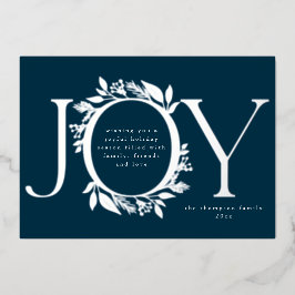 Joy Navy Blue Silver Pine Berry Wreath Foto Folien Feiertagskarte