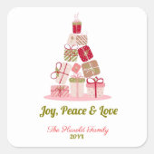 Joy Peace and Liebe Christmas Tree Card Quadratischer Aufkleber (Vorderseite)