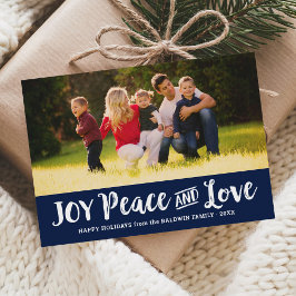 Joy Peace and Liebe Navy Blue Brushed Script Foto Feiertagskarte