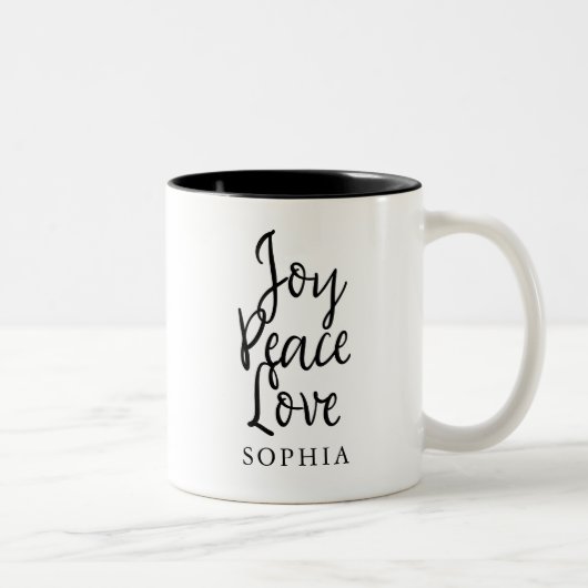 Joy Peace Liebe Inspiration Zweifarbige Tasse (Rechts)