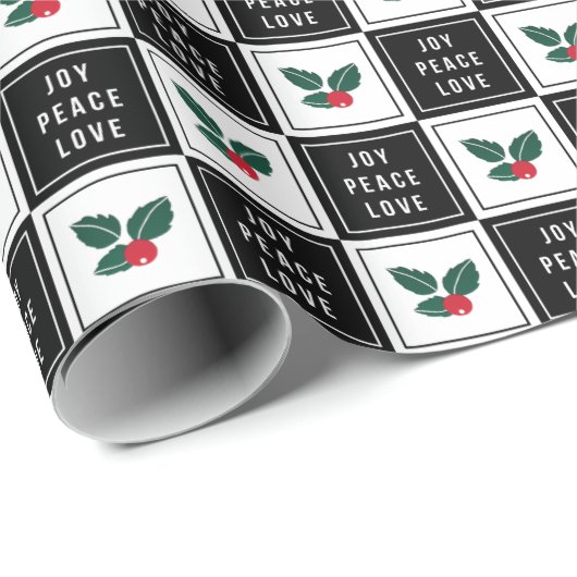 Joy Peace Liebe | Moderner Schwarz-Weiß-Urlaub Geschenkpapier (Rolleneckpunkt)