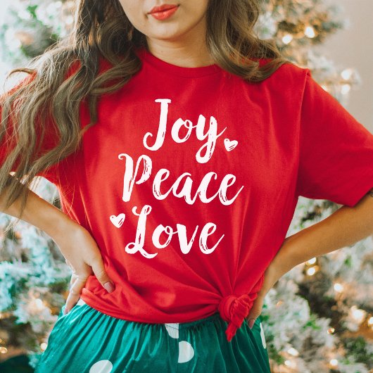 Joy Peace Liebe Red Brushed Script Womens Holiday T-Shirt