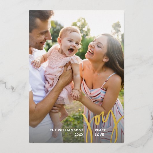 Joy Peace Liebe Weihnachtskalligraphie 2 Fotos Gol Folieneinladung (Vorderseite)