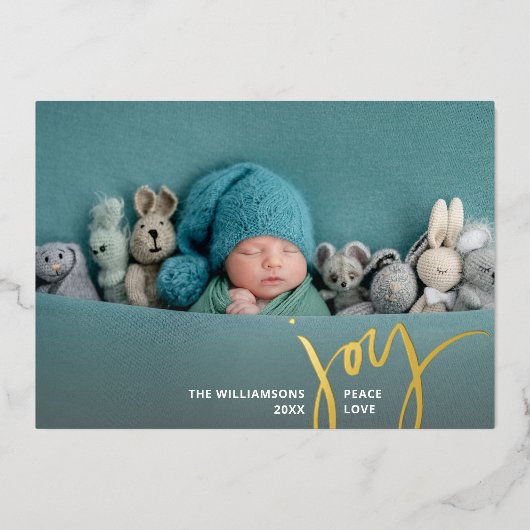 Joy Peace Liebe Weihnachtskalligraphie 2 Fotos Gol Folieneinladung (Vorderseite)