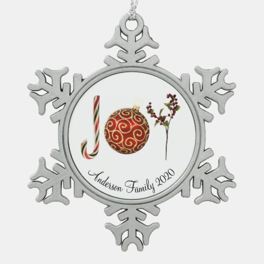 Joy personalisierte Zuckerrohr-Zierholz Schneeflocken Zinn-Ornament (Vorderseite)