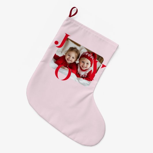 JOY | Personalisiertes Rotes und Rosa Foto Großer Weihnachtsstrumpf (Vorderansicht (hängend))