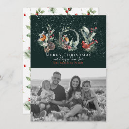 JOY Pine Cone Red Berry Bird Green Christmas Foto Feiertagskarte