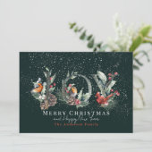 JOY Pine Cone Red Berry Birds Green Christmas Feiertagskarte (Stehend Vorderseite)