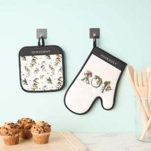 JOY Pine Cone Red Berry Birds Holiday Ofenhandschuh & Topflappen-Set