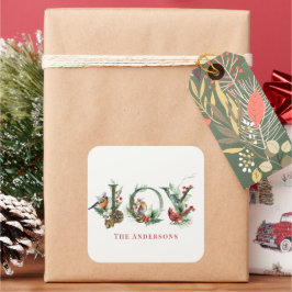 JOY Pine Cone Red Berry Birds Weihnachtsfeiertag Quadratischer Aufkleber