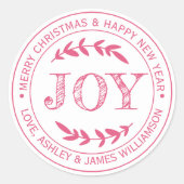 JOY Pink Frohe Weihnachtsnachricht Geschenksiegel Runder Aufkleber (Vorderseite)