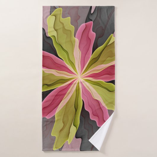 Joy, Pink Green Anthracite Fantasy Blume Fraktal Badehandtuch (Badehandtuch)