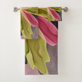 Joy, Pink Green Anthracite Fantasy Blume Fraktal Badhandtuch Set