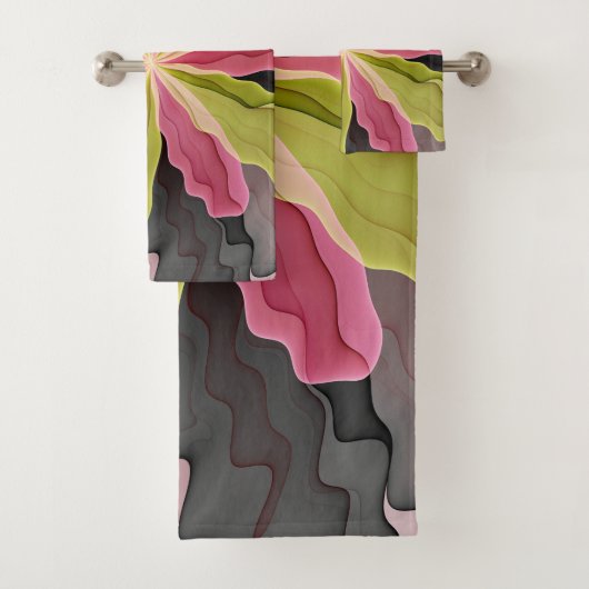 Joy, Pink Green Anthracite Fantasy Blume Fraktal Badhandtuch Set (Insitu)