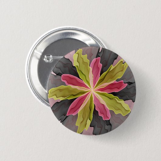 Joy, Pink Green Anthracite Fantasy Blume Fraktal Button (Vorne & Hinten)