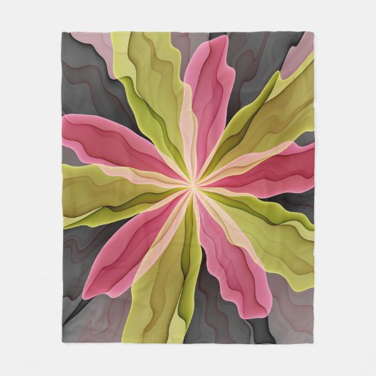 Joy, Pink Green Anthracite Fantasy Blume Fraktal Fleecedecke (Vorderseite)