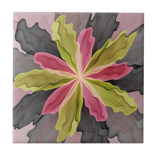 Joy, Pink Green Anthracite Fantasy Blume Fraktal Fliese (Vorderseite)