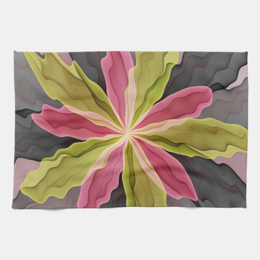 Joy, Pink Green Anthracite Fantasy Blume Fraktal Geschirrtuch (Horizontal)