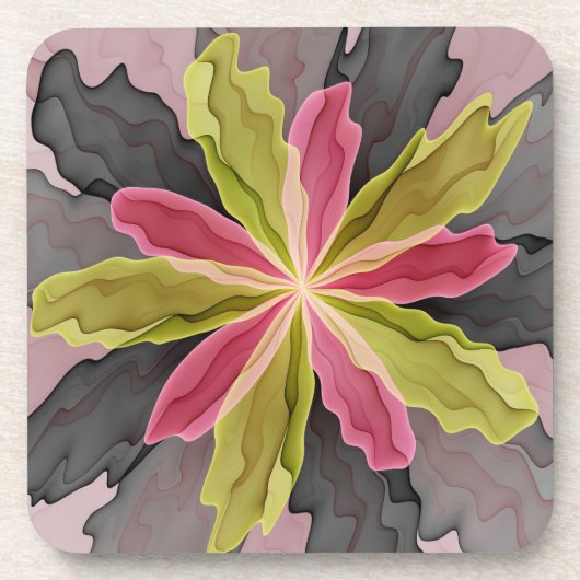 Joy, Pink Green Anthracite Fantasy Blume Fraktal Getränkeuntersetzer (Vorderseite)