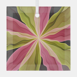 Joy, Pink Green Anthracite Fantasy Blume Fraktal Ornament Aus Glas