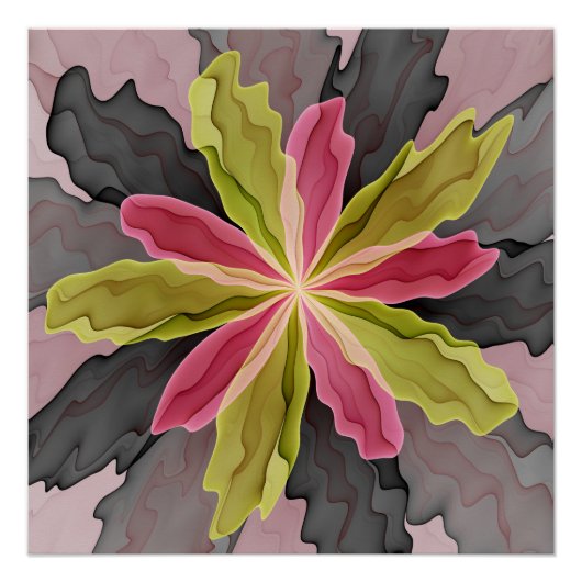 Joy, Pink Green Anthracite Fantasy Blume Fraktal Poster (Vorderseite)