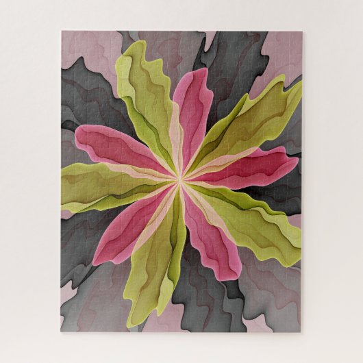 Joy, Pink Green Anthracite Fantasy Blume Fraktal Puzzle (Vertikal)
