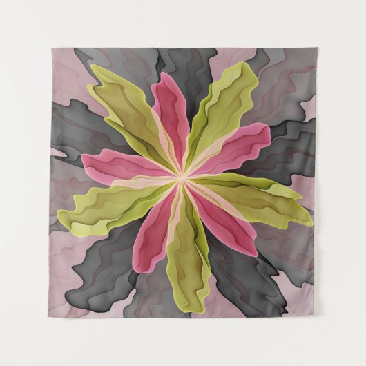 Joy, Pink Green Anthracite Fantasy Blume Fraktal Wandteppich (Vorderseite)