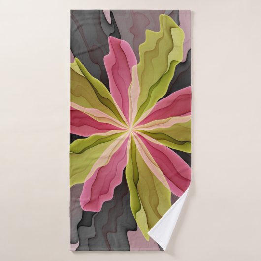 Joy, Pink Green Anthracite Fantasy Flower Fractal Badehandtuch (Badehandtuch)