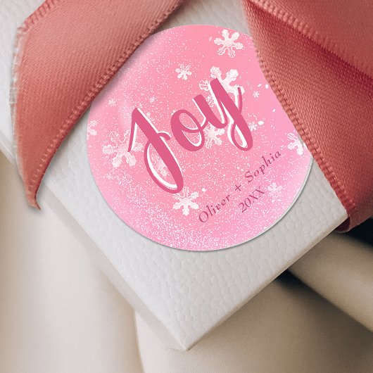 Joy Pink Snowflakes Weihnachtsgeschenk Tag Runder Aufkleber
